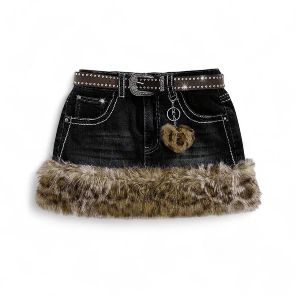 Black Denim Skirt with Fur Trim and Studded Belt